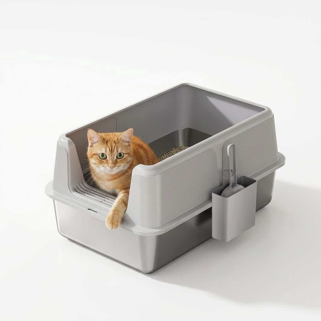 Stainless Steel XL Cat Litter Box, 8" Deep Enclosed Metal Litter Pan with Lid & Filter, Anti-Leak Non-Stick Design, Includes Scoop for Large Cats