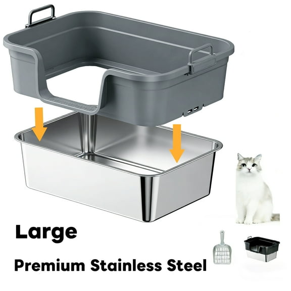 Stainless Steel XL Cat Litter Box with High Sides & Locking Lid - Heavy-Duty Large Metal Enclosure for Big Cats, Odorless Non-Stick Tray