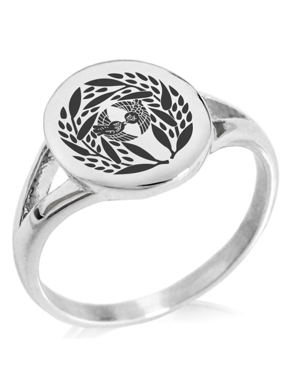 Stainless Steel Yagyu Samurai Crest Minimalist Oval Top Polished Statement Signet Ring
