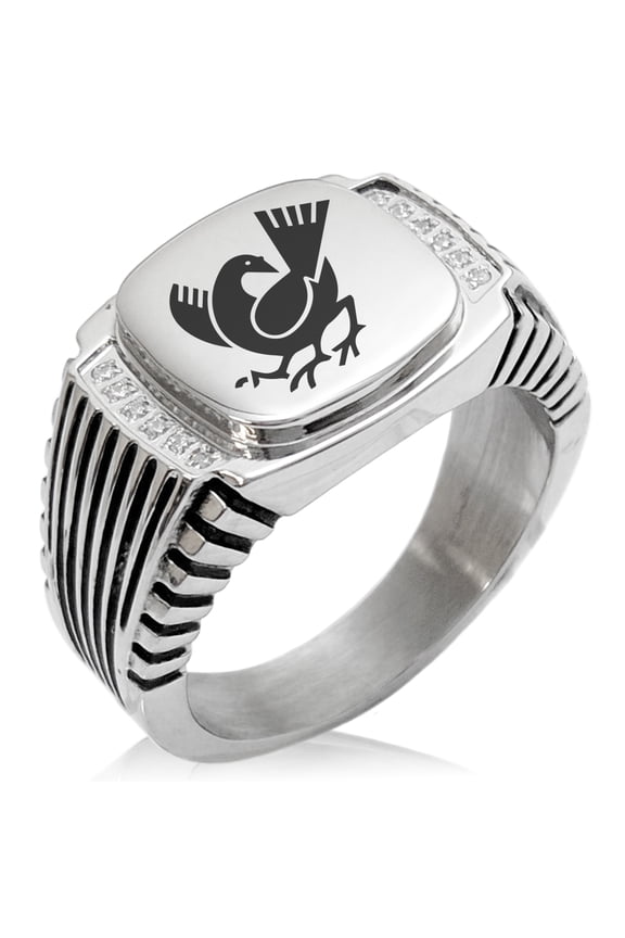 Stainless Steel Yata Crow Kamon Crest CZ Ribbed Needle Stripe Pattern Biker Style Polished Ring