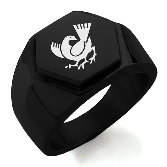 Stainless Steel Yata Crow Kamon Crest Engraved Hexagon Crest Flat Top Biker Style Polished Ring
