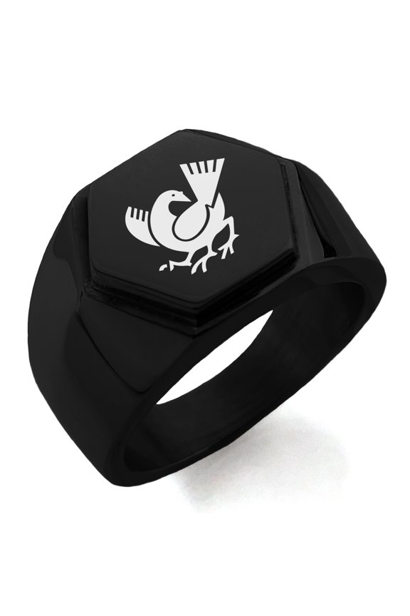 Stainless Steel Yata Crow Kamon Crest Engraved Hexagon Crest Flat Top Biker Style Polished Ring