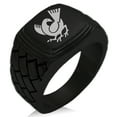 thumbnail image 1 of Stainless Steel Yata Crow Kamon Crest Geometric Pattern Step-Down Biker Style Polished Ring, 1 of 1