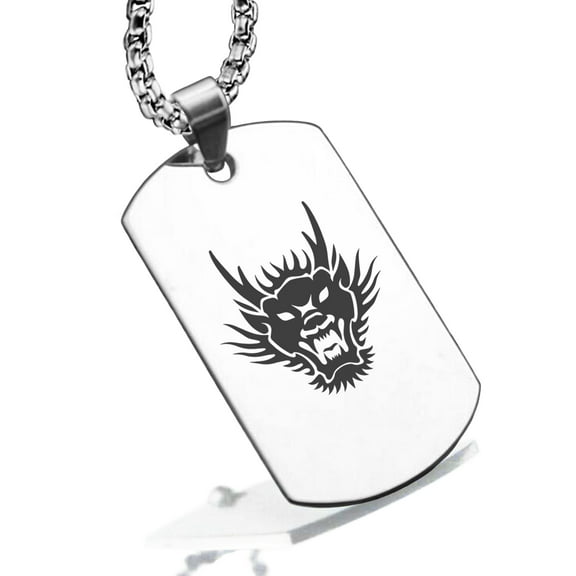 Stainless Steel Year of the Dragon Zodiac Dog Tag Pendant Necklace