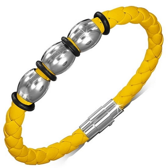 Stainless Steel Yellow Braided Faux PU Leather Silver-Tone Mens Womens Wristband Bracelet