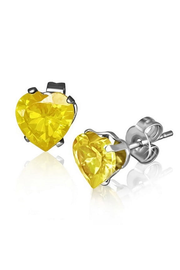 Stainless Steel Yellow Citrine-Tone CZ Love Heart-Shaped Stud Earrings