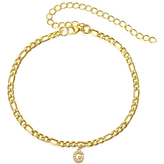 Stainless Steel Yellow Gold Plated 4mm Figaro Link Anklet, Initial A - Z Cubic Zirconia Letter Ankle Bracelet, Giorgio BergamoGold, G