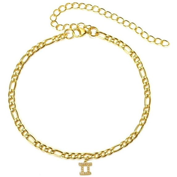 Stainless Steel Yellow Gold Plated 4mm Figaro Link Anklet, Zodiac, Constellation, Horoscope Cubic Zirconia Ankle Bracelet Gold, Gemini