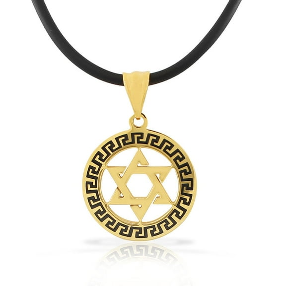 Stainless Steel Yellow Gold-Tone Black Greek Key Jewish Star of David Men's Pendant Necklace