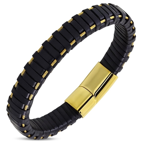 Stainless Steel Yellow Gold-Tone Black Leather Braided Wristband Bracelet, 8"