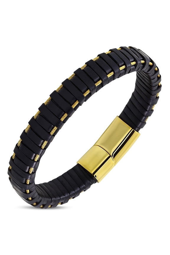 Stainless Steel Yellow Gold-Tone Black Leather Braided Wristband Bracelet, 8"