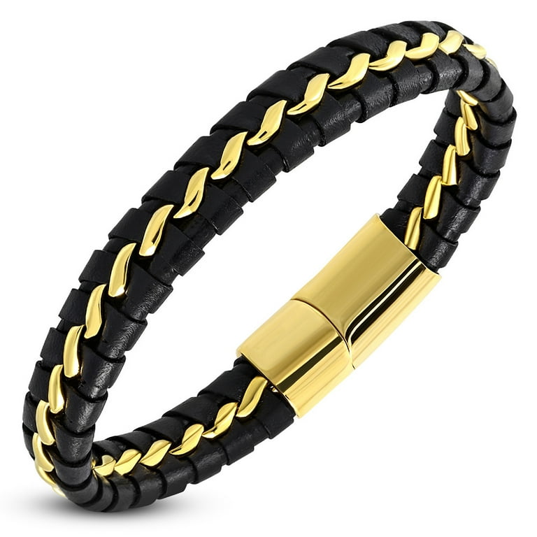 My Daily Styles Stainless Steel Yellow Gold Tone Black Leather