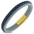 thumbnail image 1 of Stainless Steel Yellow Gold-Tone Brown Black Blue Braided Leather Wristband Bracelet, 8.5", 1 of 2