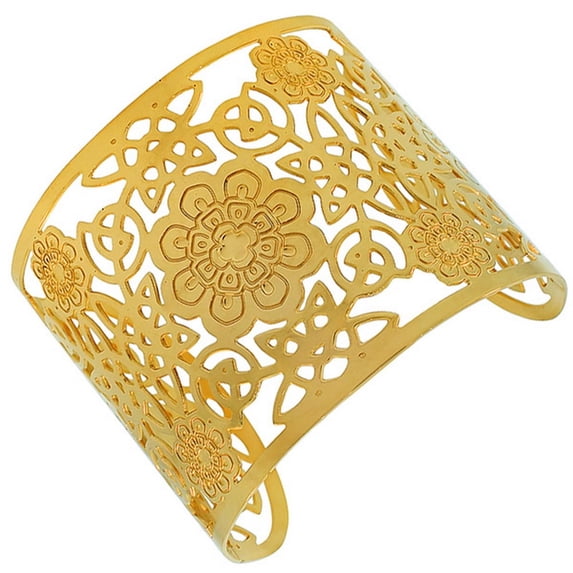 Stainless Steel Yellow Gold-Tone Cut-Out Design Wide Open End Cuff Bracelet