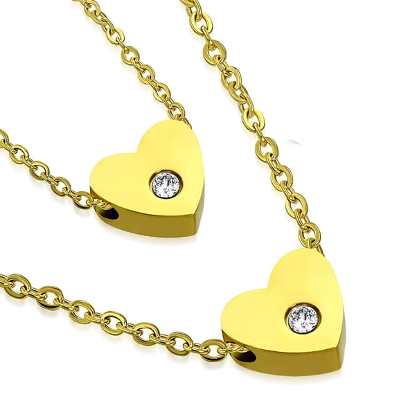 Stainless Steel Yellow Gold-Tone Double Chain White Clear CZ Love Heart Pendant Necklace