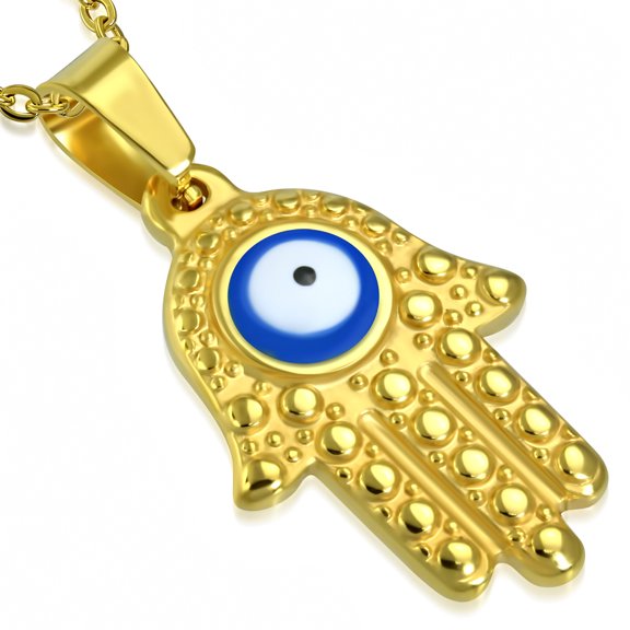 Stainless Steel Yellow Gold-Tone Hamsa Red Blue Evil Eye Pendant Necklace, 18"