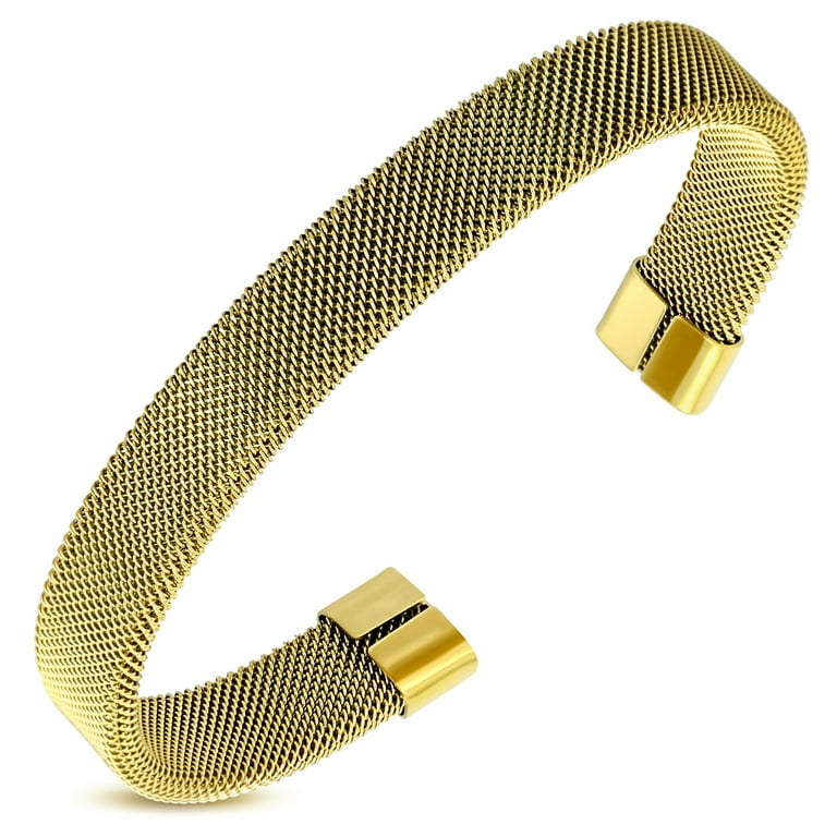 Stainless Steel Yellow Gold-Tone Mesh Open End Bangle Bracelet, 7\