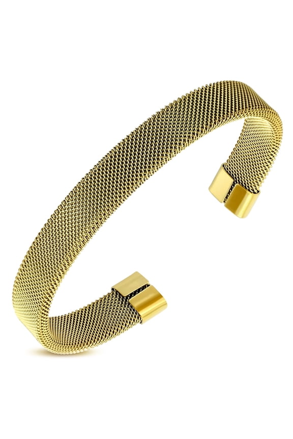 Stainless Steel Yellow Gold-Tone Mesh Open End Bangle Bracelet, 7"