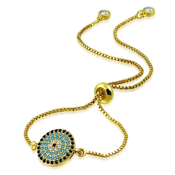 Stainless Steel Yellow Gold-Tone Multi-Color CZ Evil Eye Protection Adjustable Bracelet, 9.0"