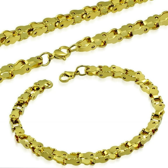 Stainless Steel Yellow Gold-Tone Necklace Bracelet Mens Jewelry Set