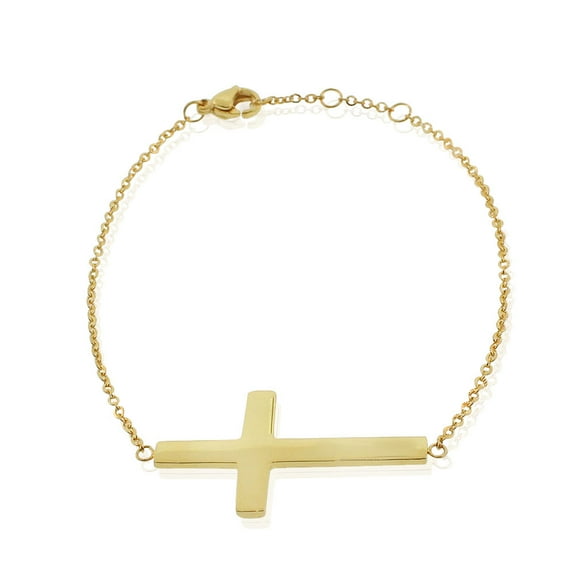 Stainless Steel Yellow Gold-Tone Religious Cross Link Chain Bracelet