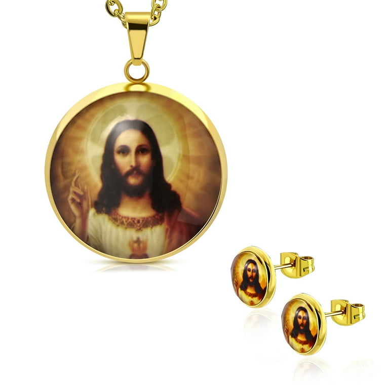 Stainless Steel Yellow Gold-Tone Religious Jesus Medallion Amulet