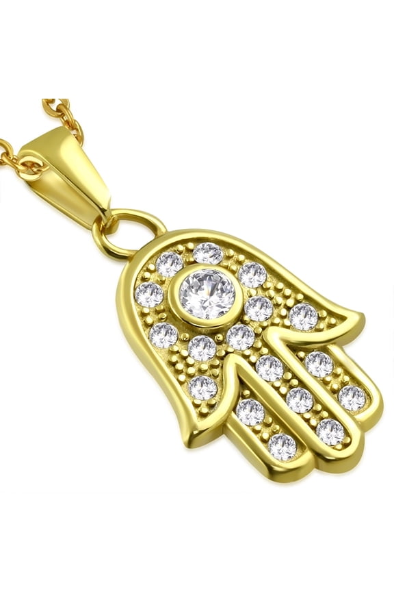 Stainless Steel Yellow Gold-Tone Hamsa Hand Protection Pendant Necklace, 18"
