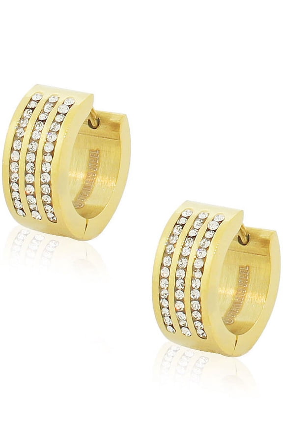 Stainless Steel Yellow Gold-Tone White Clear CZ Hoop Earrings 0.65"