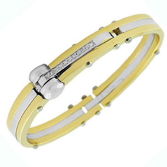 Stainless Steel Yellow Gold-Tone and Silver-Tone White CZ Men's Handcuff Bracelet