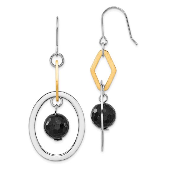 Chisel Stainless Steel & Yellow IP-plated Polished & Brushed Onyx Dangle Earrings