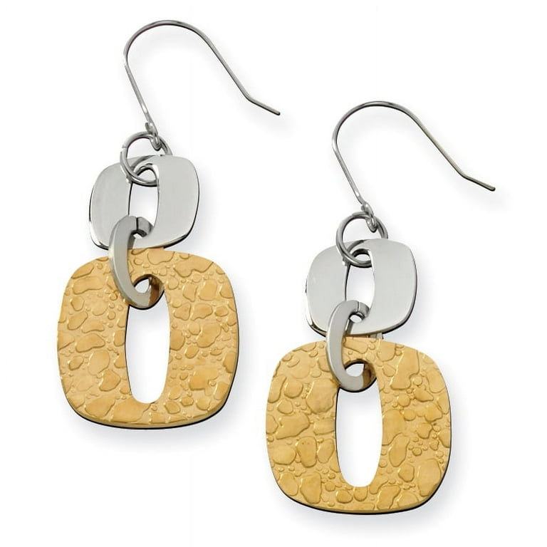 Stainless Steel Yellow IP-plated Textured Square Link Dangle Earrings  Stainless Steel Earrings