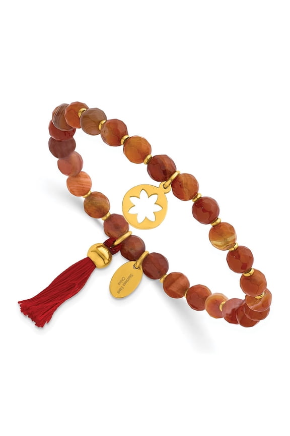 Stainless Steel Yellow Ion Plated Flower Orange Agate Stretch Bracelet Fine Jewelry For Women Gifts For Her, 6"