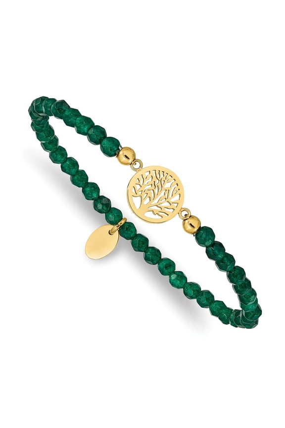 Stainless Steel Yellow Ion Plated Tree Of Life Green Jade Stretch Bracelet Fine Jewelry For Women Gifts For Her, 6.5"