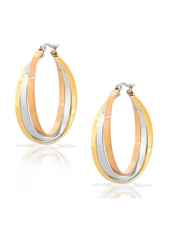 Stainless Steel Yellow Rose Gold Silver-Tone Multi-Bangle Interlocking Hoop Earrings