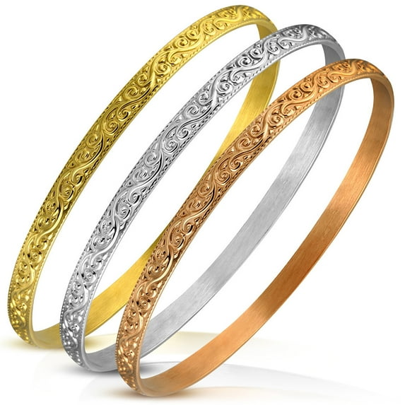 Stainless Steel Yellow Rose Gold-Tone Silver-Tone Three Stackable Bracelets Set, 8"