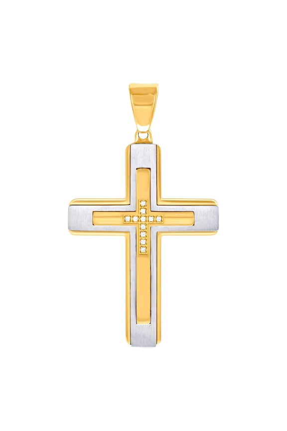 Stainless Steel Yellow-tone Mens Cubic Zirconia Cross Religious Charm Pendant Necklace for Men