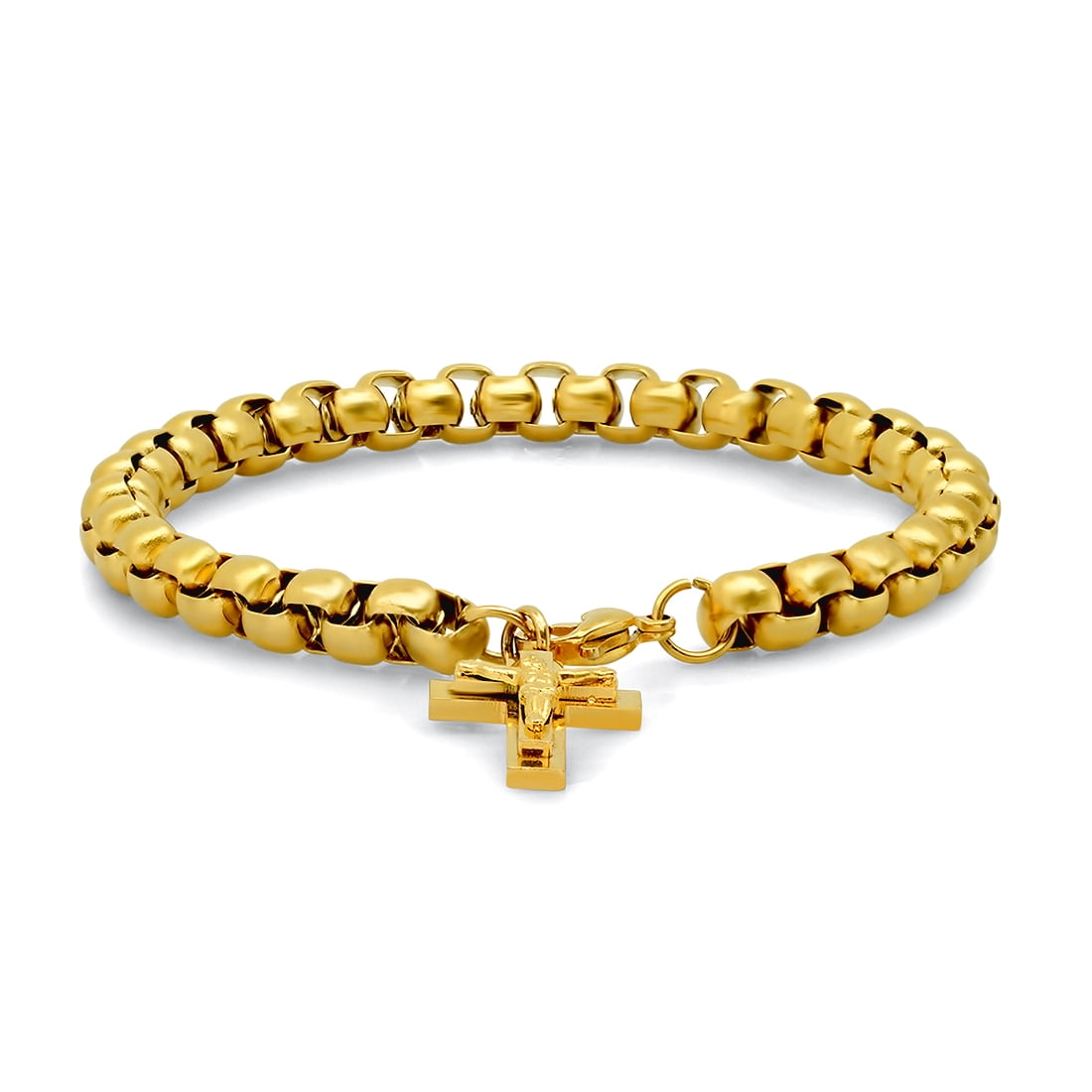 Stainless Steel Yellow-tone Mens Cross Religious Round Link Bracelet Link Bracelet for Men
