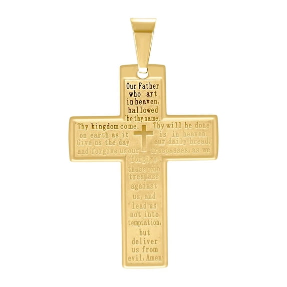 Stainless Steel Yellow-tone Mens English Bible Lords Prayer Cross Religious Charm Pendant-30x41mm Necklace for Men