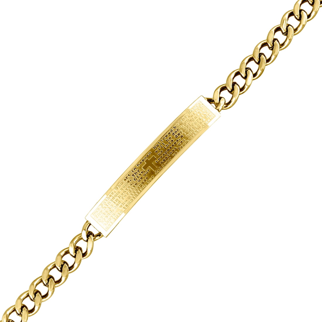 Stainless Steel Yellow-tone Mens English Lords Prayer Comfort Curb Link 8mm bracelet-8inch Link Bracelet for Men