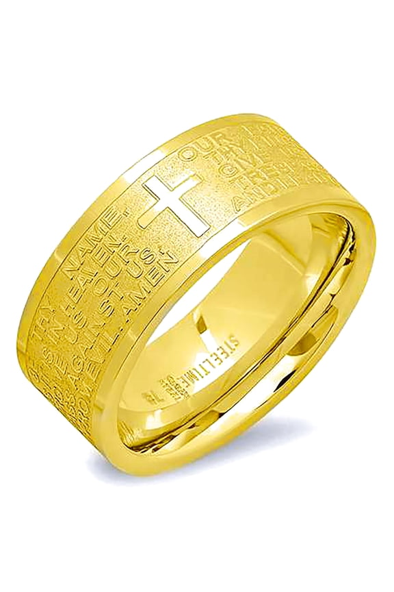Stainless Steel Yellow-tone Mens Lords Prayer Cross Religious Comfort-fit Band Ring Size 9 Wedding Band for Men