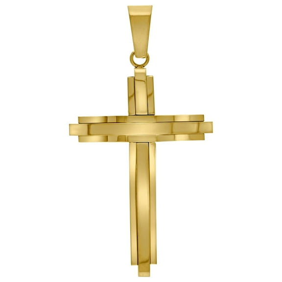 Stainless Steel Yellow tone Mens Two Layer Cross Religious Charm Pendant Necklace for Men