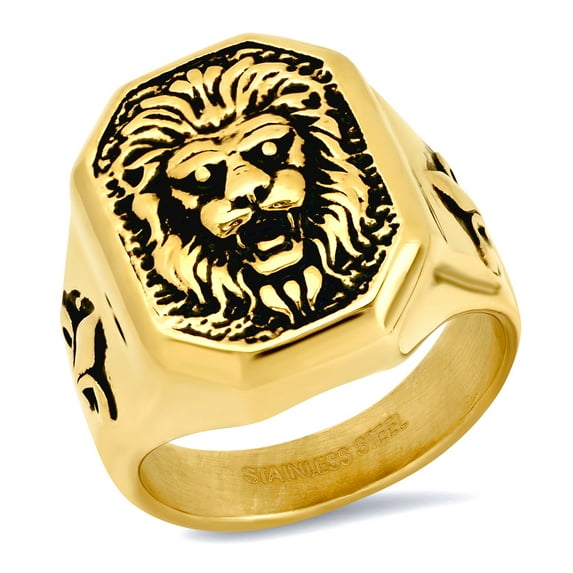 Stainless Steel Yellow-tone Mens Zodiac Sign Leo Lion Head Octagon Face Fashion Size 11 Comfort-fit Ring for Men