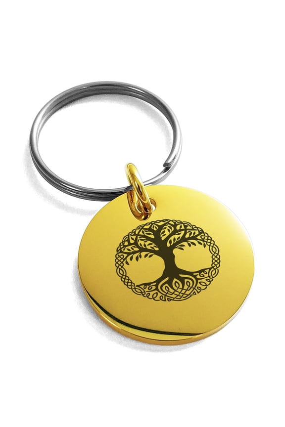 Stainless Steel Yggdrasil Great Tree of Life Viking Norse Engraved Small Medallion Circle Charm Keychain Keyring