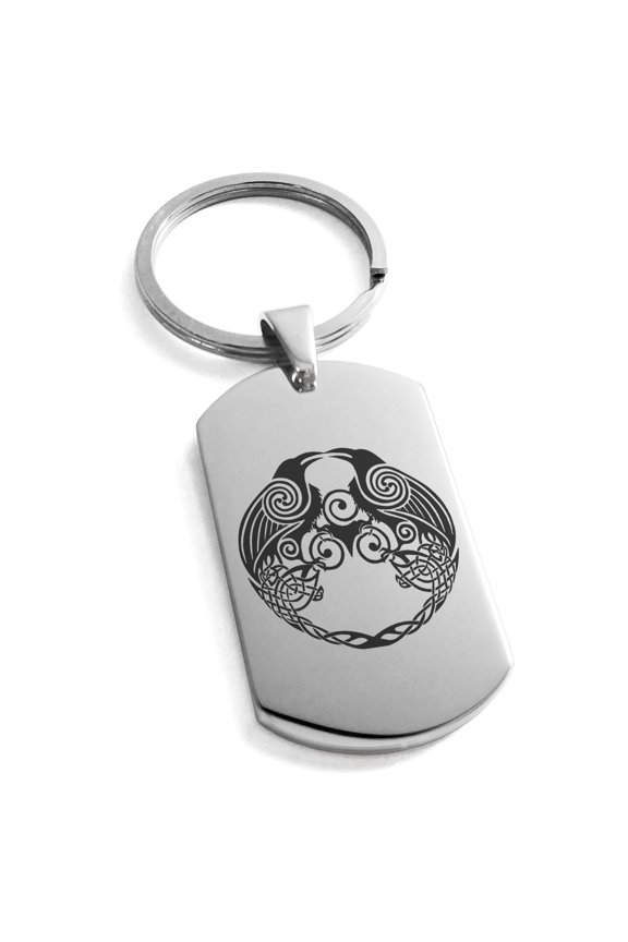 Stainless Steel Yggdrasil Huginn & Muninn Odin's Ravens Engraved Dog Tag Keychain Keyring