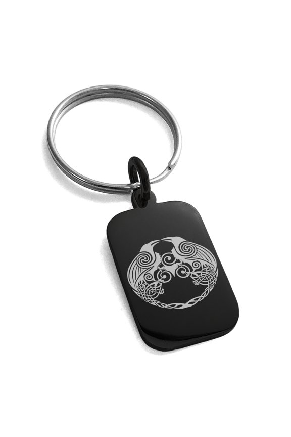 Stainless Steel Yggdrasil Huginn & Muninn Odin's Ravens Engraved Small Rectangle Dog Tag Charm Keychain Keyring