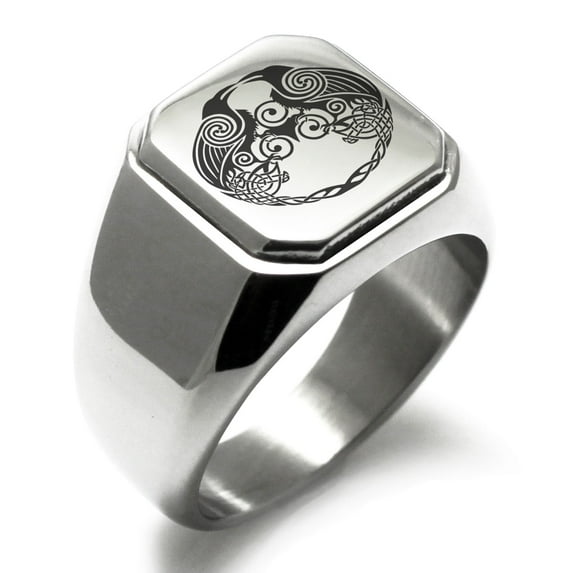 Tioneer Stainless Steel Yggdrasil Huginn & Muninn Odin's Ravens Engraved Square Flat Top Biker Style Polished Signet Ring