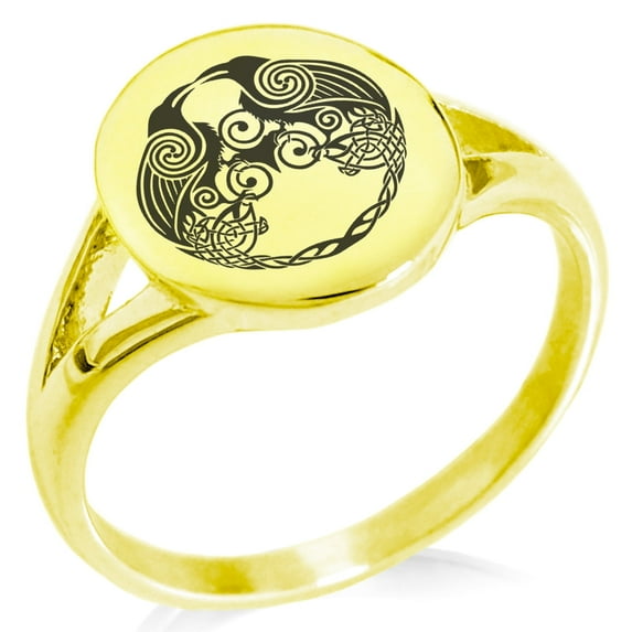 Tioneer Stainless Steel Yggdrasil Huginn & Muninn Odin's Ravens Minimalist Oval Top Polished Statement Signet Ring