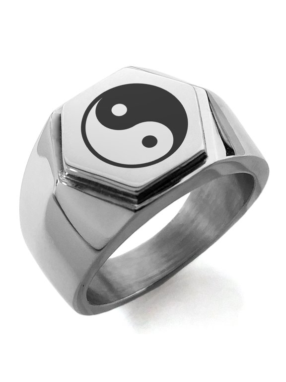Stainless Steel Yin Yang Engraved Hexagon Crest Flat Top Biker Style Polished Ring