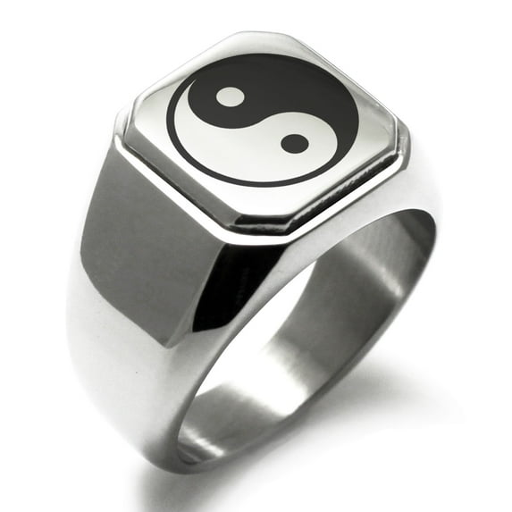 Stainless Steel Yin Yang Engraved Square Flat Top Biker Style Polished Signet Ring