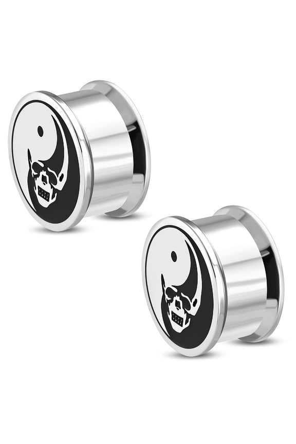 Stainless Steel Yin Yang Evil Skull Two-Tone Double Flared Saddle Ear Screw Plugs, Pair